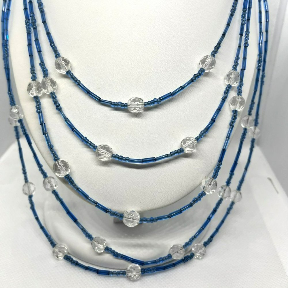 Clear Faceted Crystal‎ & Blue Glass Bugle Beads Multi Layer Silver Tone Necklace